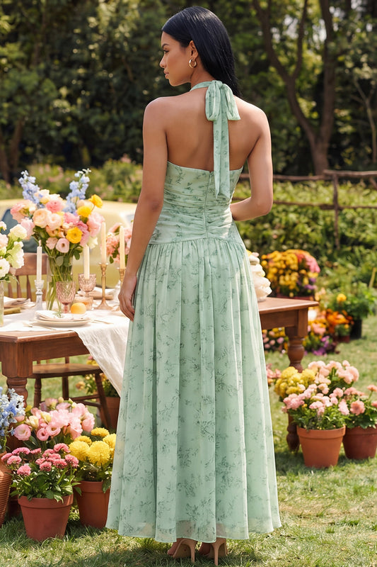 Halter Ruched Dusty Sage Maxi A Line Beach Wedding Guest Dress