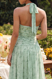 Halter Ruched Dusty Sage Maxi A Line Beach Wedding Guest Dress