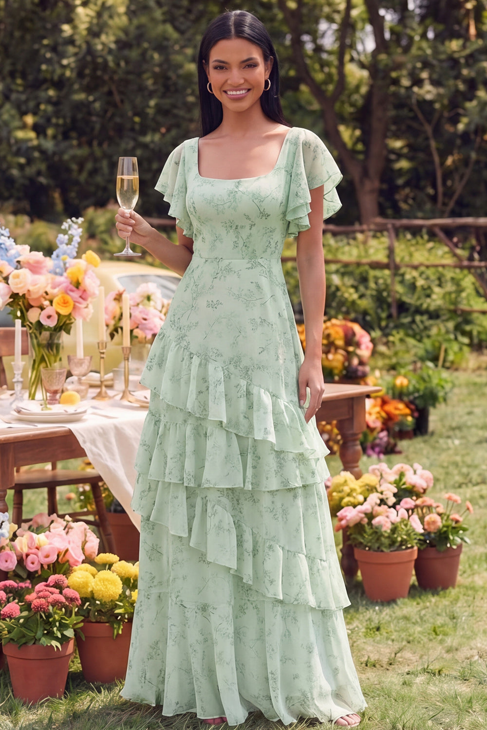 Square Neck Dusty Sage Maxi A Line Beach Wedding Guest Dress with Ruffles