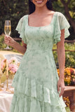 Square Neck Dusty Sage Maxi A Line Beach Wedding Guest Dress with Ruffles