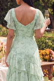 Square Neck Dusty Sage Maxi A Line Beach Wedding Guest Dress with Ruffles