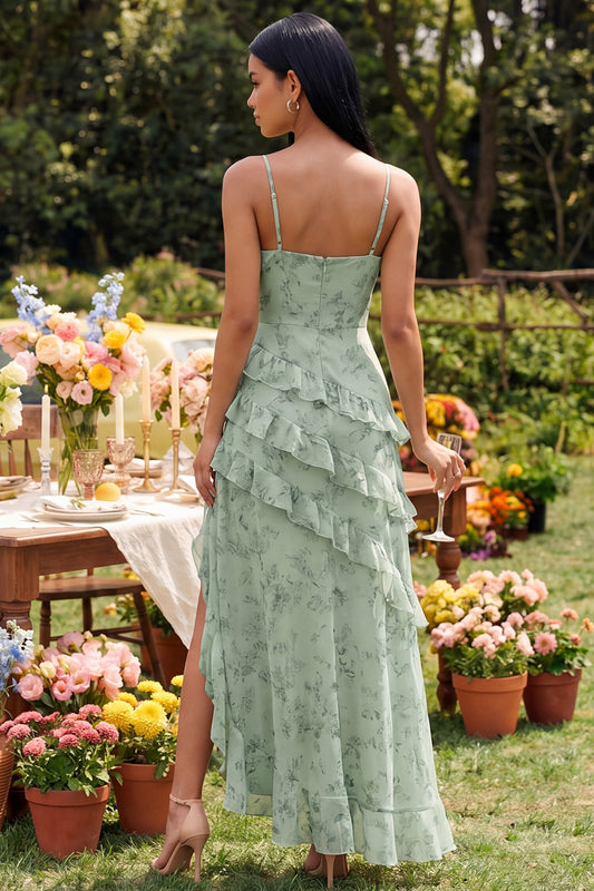 Spaghetti Straps Dusty Sage Maxi A Line Ruffled Beach Wedding Guest Dress with Slit