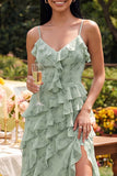 Spaghetti Straps Dusty Sage Maxi A Line Ruffled Beach Wedding Guest Dress with Slit