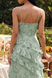 Spaghetti Straps Dusty Sage Maxi A Line Ruffled Beach Wedding Guest Dress with Slit