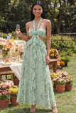 Halter Dusty Sage Maxi Cut Out A Line Ruffled Beach Wedding Guest Dress with Bow