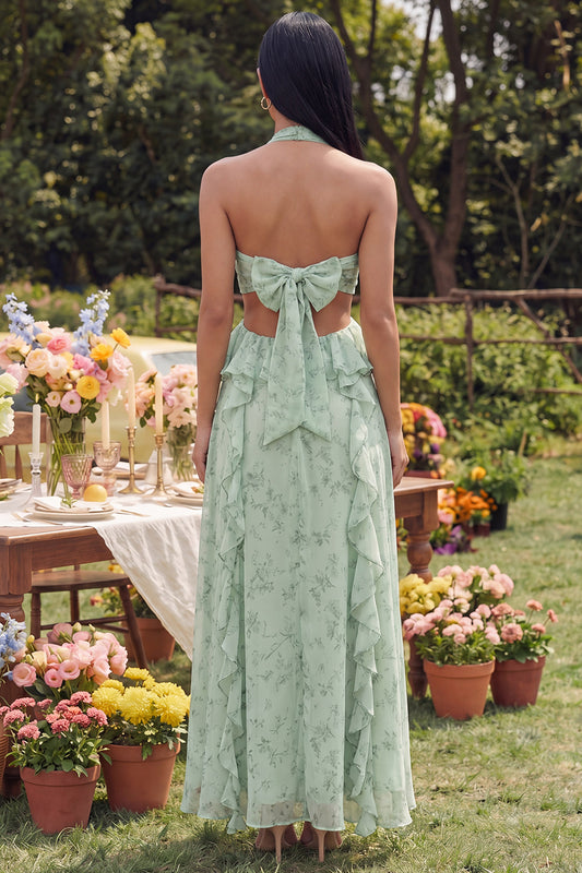 Halter Dusty Sage Maxi Cut Out A Line Ruffled Beach Wedding Guest Dress with Bow