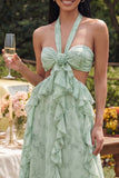 Halter Dusty Sage Maxi Cut Out A Line Ruffled Beach Wedding Guest Dress with Bow