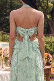 Halter Dusty Sage Maxi Cut Out A Line Ruffled Beach Wedding Guest Dress with Bow