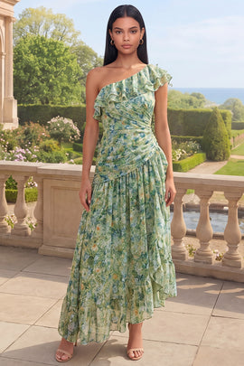 One Shoulder Ruched Dusty Green Asymmetrical A Line Beach Wedding Guest Dress with Ruffles
