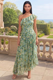One Shoulder Ruched Dusty Green Asymmetrical A Line Beach Wedding Guest Dress with Ruffles