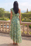 One Shoulder Ruched Dusty Green Asymmetrical A Line Beach Wedding Guest Dress with Ruffles
