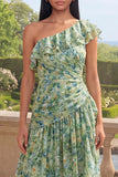 One Shoulder Ruched Dusty Green Asymmetrical A Line Beach Wedding Guest Dress with Ruffles