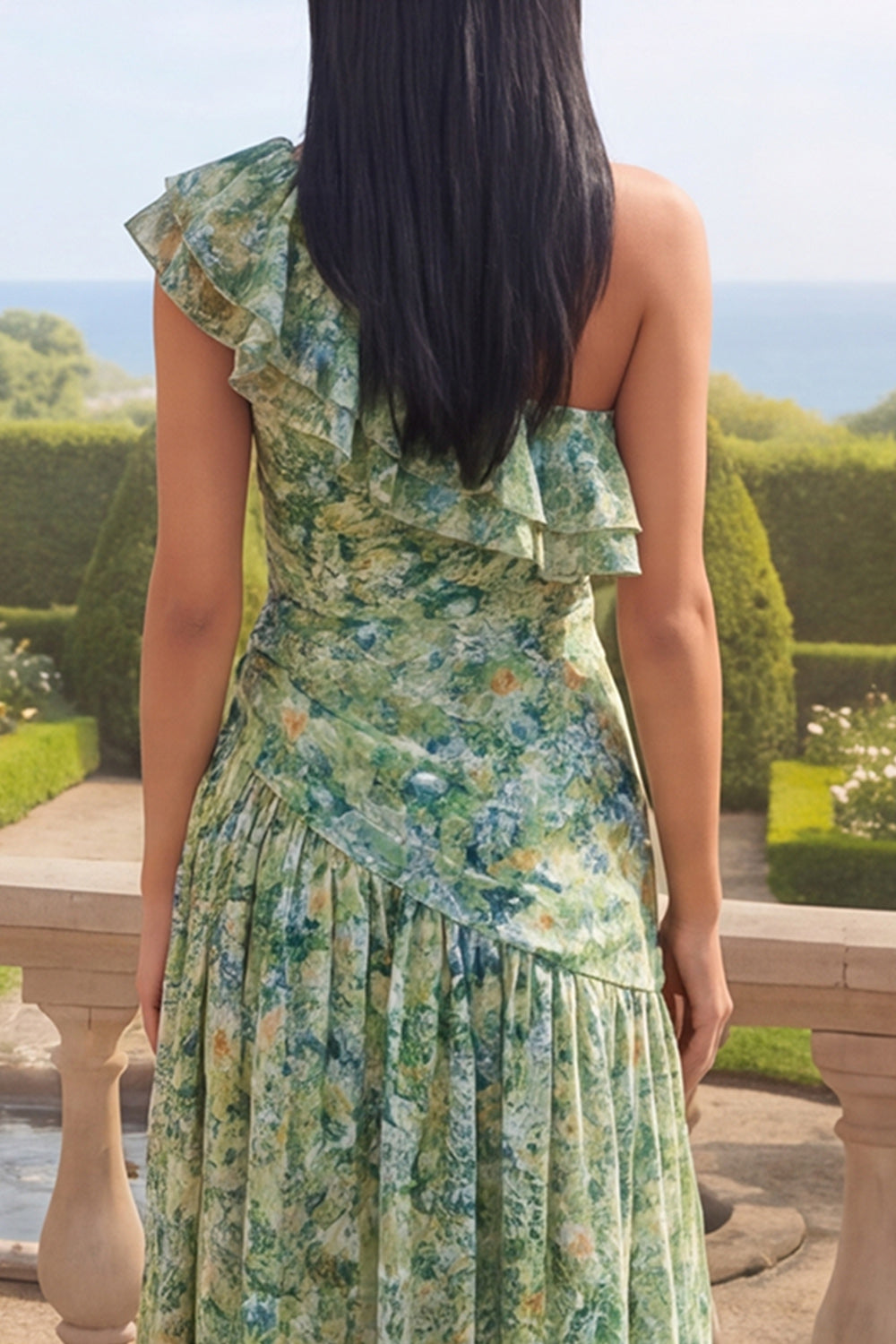 One Shoulder Ruched Dusty Green Asymmetrical A Line Beach Wedding Guest Dress with Ruffles