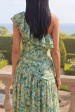 One Shoulder Ruched Dusty Green Asymmetrical A Line Beach Wedding Guest Dress with Ruffles