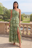 Ruffled One Shoulder Ruched Dusty Green Maxi A Line Beach Wedding Guest Dress with Slit
