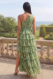 Ruffled One Shoulder Ruched Dusty Green Maxi A Line Beach Wedding Guest Dress with Slit