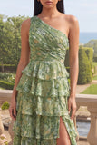 Ruffled One Shoulder Ruched Dusty Green Maxi A Line Beach Wedding Guest Dress with Slit