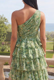 Ruffled One Shoulder Ruched Dusty Green Maxi A Line Beach Wedding Guest Dress with Slit