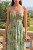 Halter Cut Out Dusty Green Maxi A Line Beach Wedding Guest Dress