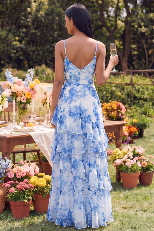 White Blue Flower Maxi A Line Spaghetti Straps Wedding Guest Dress with Ruffles
