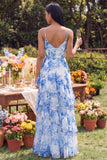 White Blue Flower Maxi A Line Spaghetti Straps Wedding Guest Dress with Ruffles