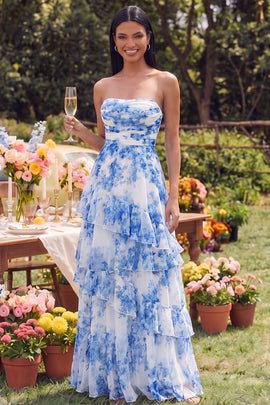 Strapless Ruched White Blue Flower Maxi A Line Wedding Guest Dress with Ruffles