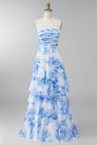 Strapless Ruched White Blue Flower Maxi A Line Wedding Guest Dress with Ruffles