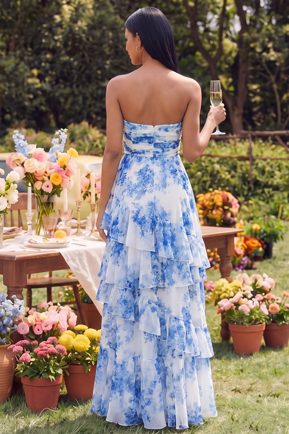 Strapless Ruched White Blue Flower Maxi A Line Wedding Guest Dress with Ruffles