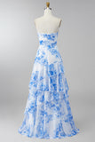 Strapless Ruched White Blue Flower Maxi A Line Wedding Guest Dress with Ruffles