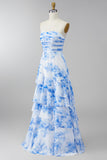 Strapless Ruched White Blue Flower Maxi A Line Wedding Guest Dress with Ruffles