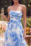Strapless Ruched White Blue Flower Maxi A Line Wedding Guest Dress with Ruffles