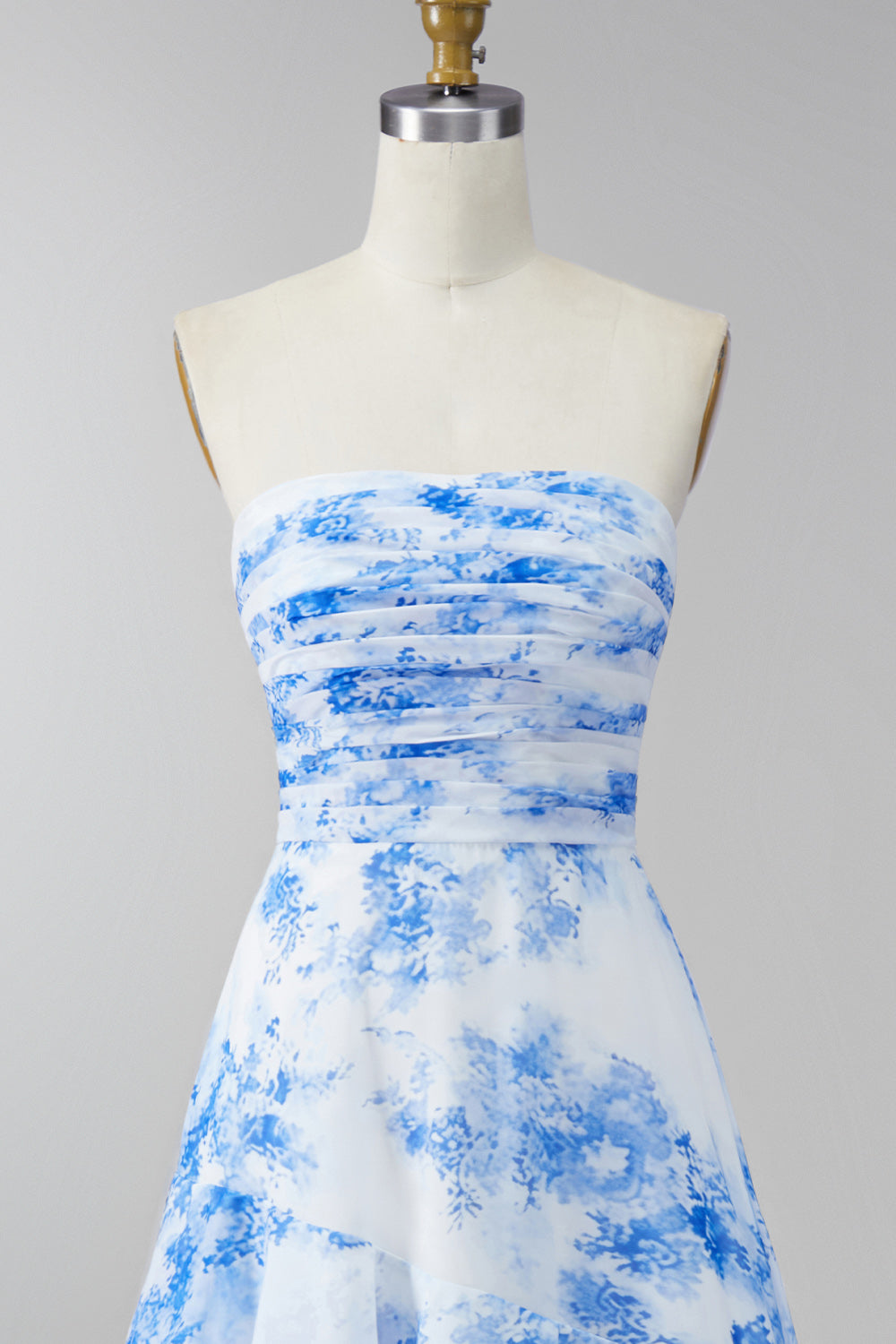 Strapless Ruched White Blue Flower Maxi A Line Wedding Guest Dress with Ruffles