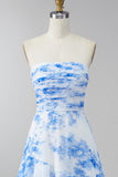 Strapless Ruched White Blue Flower Maxi A Line Wedding Guest Dress with Ruffles