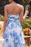 Strapless Ruched White Blue Flower Maxi A Line Wedding Guest Dress with Ruffles