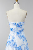 Strapless Ruched White Blue Flower Maxi A Line Wedding Guest Dress with Ruffles