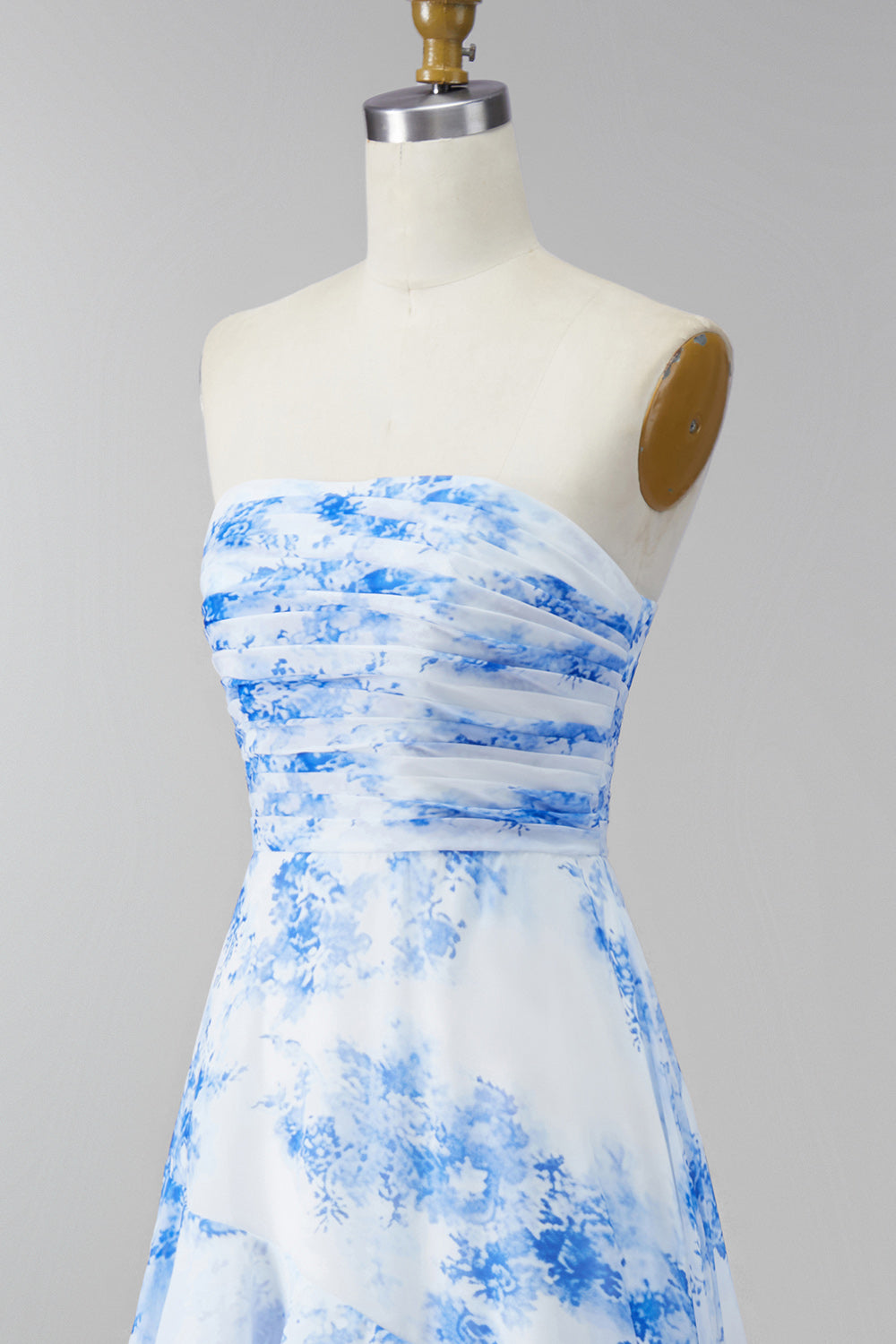 Strapless Ruched White Blue Flower Maxi A Line Wedding Guest Dress with Ruffles