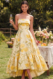 Strapless Yellow Floral Maxi A Line Wedding Guest Dress