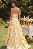 Strapless Yellow Floral Maxi A Line Wedding Guest Dress