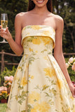 Strapless Yellow Floral Maxi A Line Wedding Guest Dress