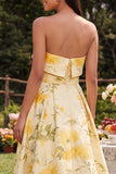 Strapless Yellow Floral Maxi A Line Wedding Guest Dress