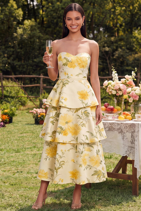 Floral Maxi Strapless Yellow A Line Wedding Guest Dress with Ruffles