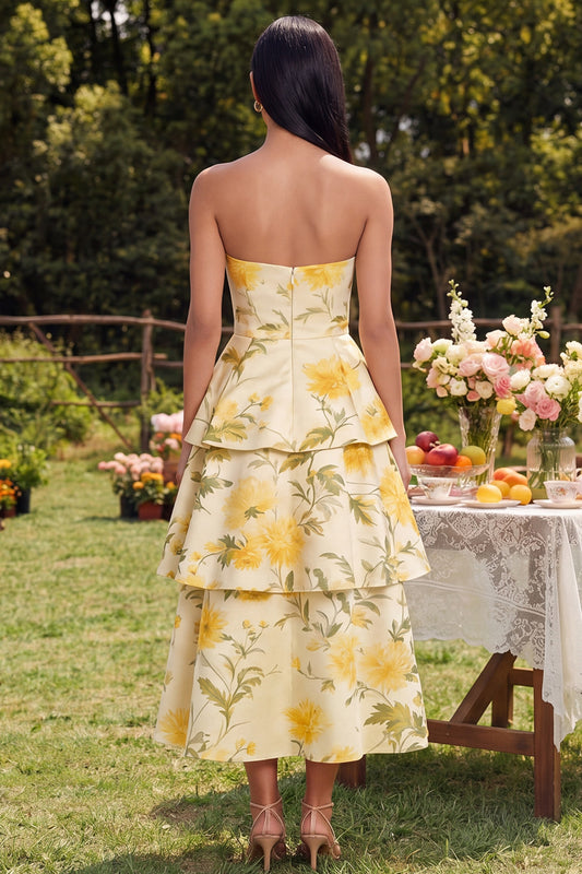 Floral Maxi Strapless Yellow A Line Wedding Guest Dress with Ruffles