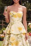Floral Maxi Strapless Yellow A Line Wedding Guest Dress with Ruffles