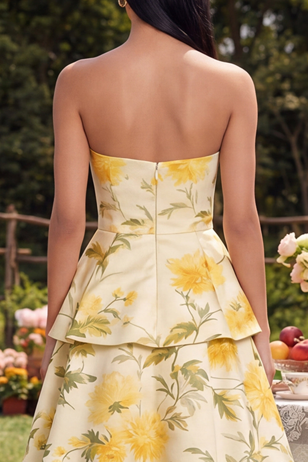 Floral Maxi Strapless Yellow A Line Wedding Guest Dress with Ruffles