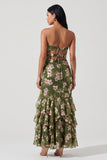 Dark Green Maxi Mermaid Keyhole Floral Beach Wedding Guest Dress with Ruffles