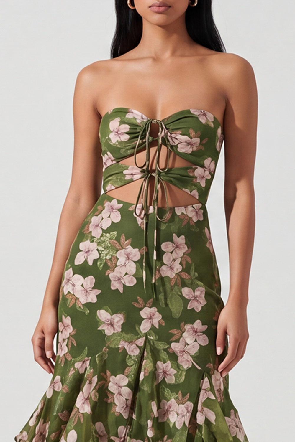 Dark Green Maxi Mermaid Keyhole Floral Beach Wedding Guest Dress with Ruffles