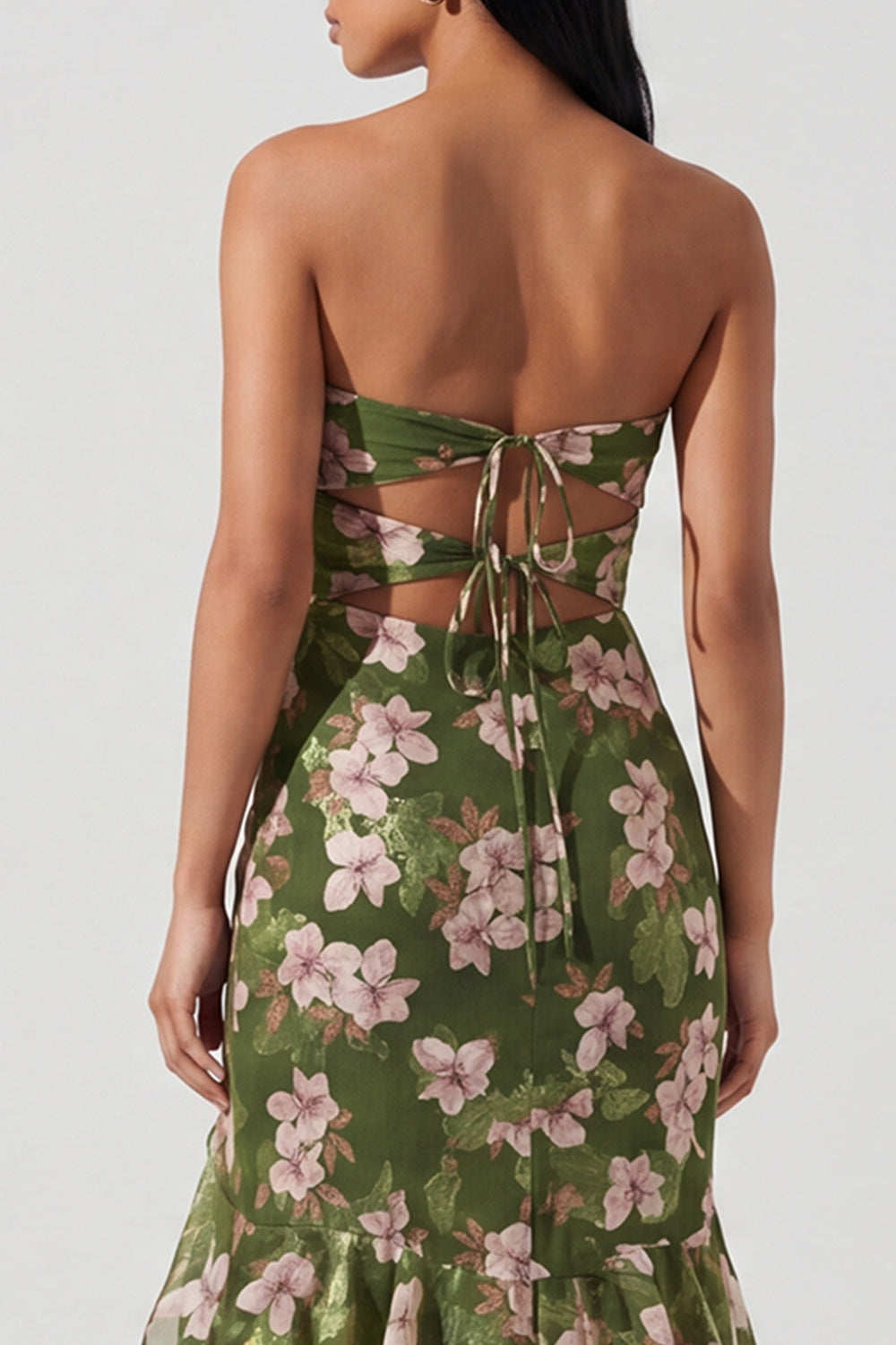 Dark Green Maxi Mermaid Keyhole Floral Beach Wedding Guest Dress with Ruffles