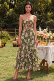 Dark Green Maxi Mermaid Keyhole Floral Beach Wedding Guest Dress with Ruffles