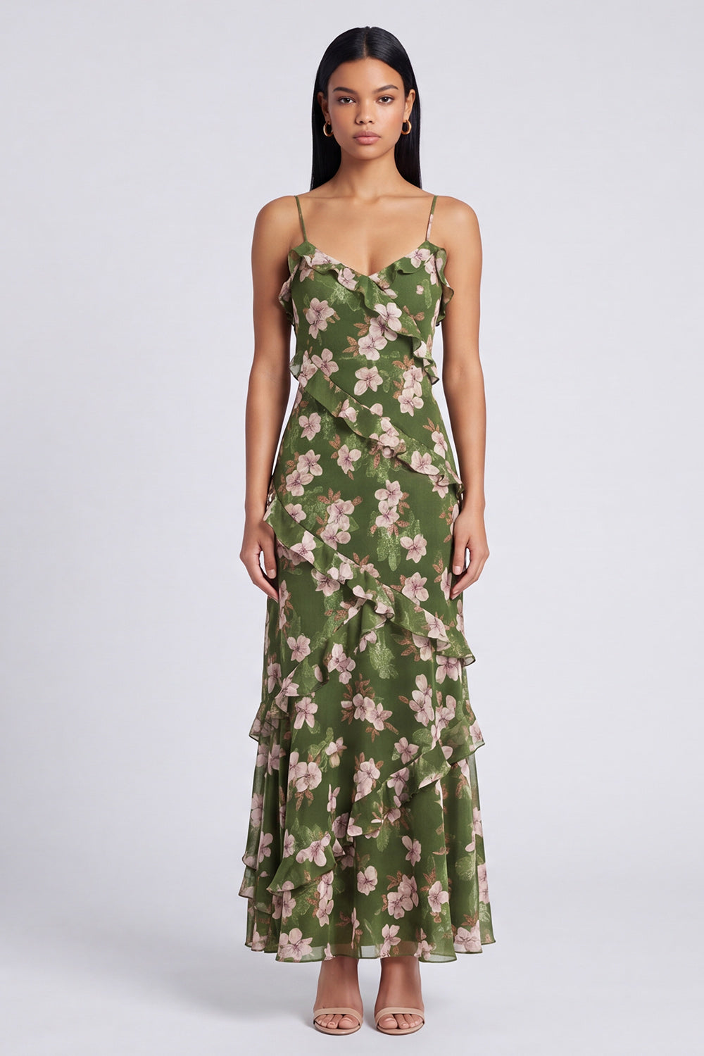 Floral Maxi Dark Green Spaghetti Straps A Line Beach Wedding Guest Dress with Ruffles