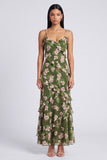 Floral Maxi Dark Green Spaghetti Straps A Line Beach Wedding Guest Dress with Ruffles